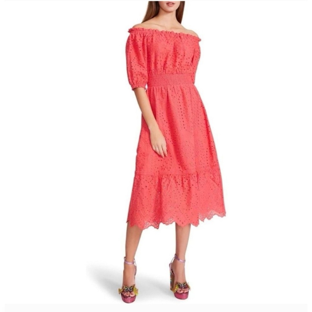 Betsey Johnson Eyelet Lace Off Shoulder Cotton Midi Dress Paradise Pink Medium